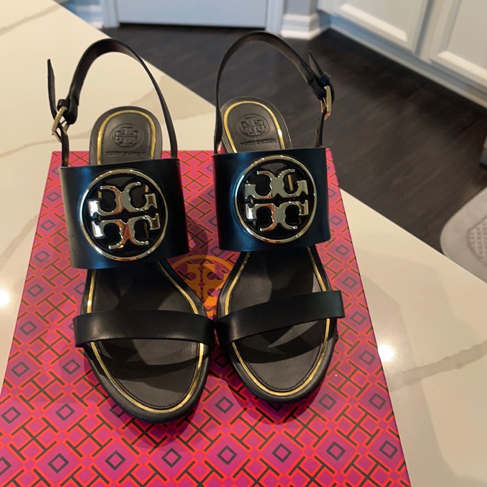 Tory Burch Black Leather Logo Wedge Sandals with Gold Hardware
